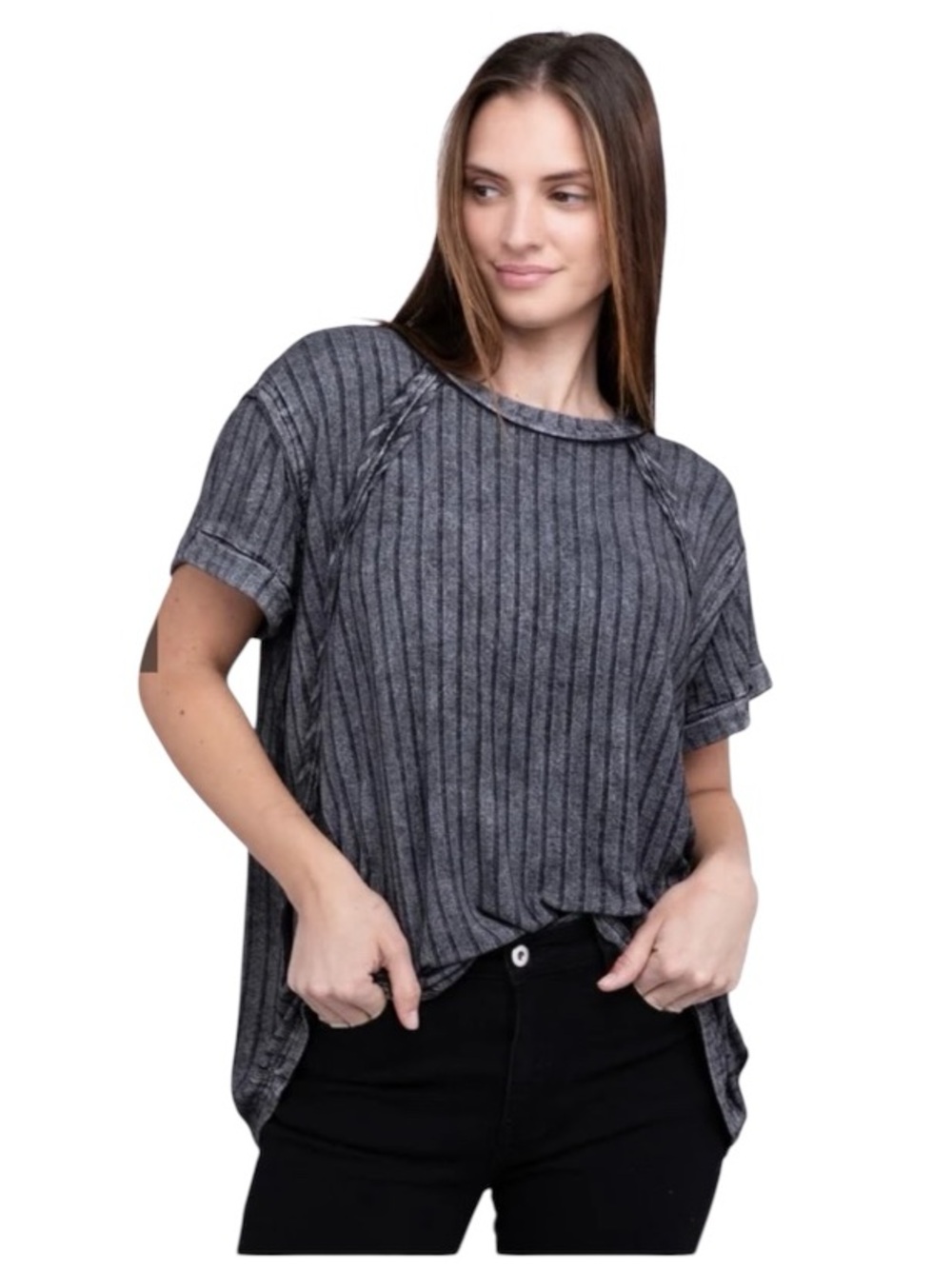 NEW Zenana oversized Ribbed Top Ash Black Short Sleeve shirt soft stretchy